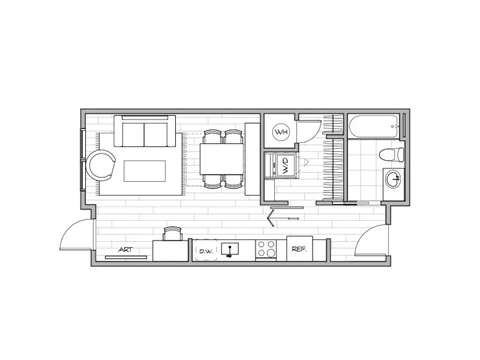 black and white floor plan of a modern apartment unit at Lotus Gallacher luxury apartments for rent in Salt Lake City, UT
